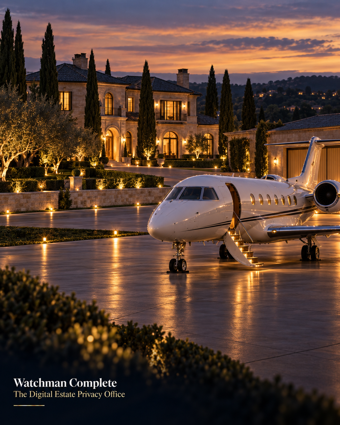 A private aircraft outside an illuminated estate at dusk