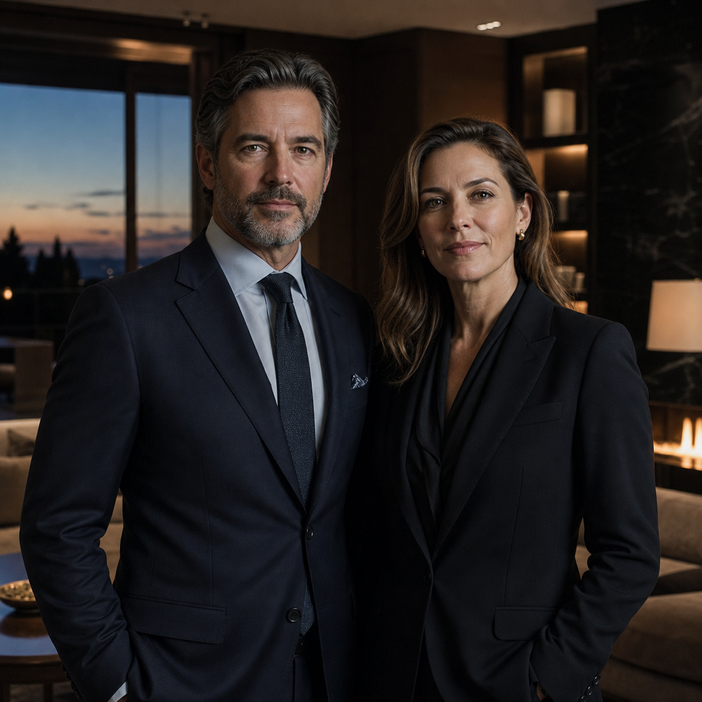 A male and female executive standing together in a private residence at dusk