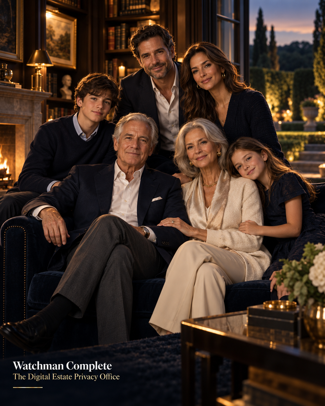 A multi-generational family gathered in an elegant private residence